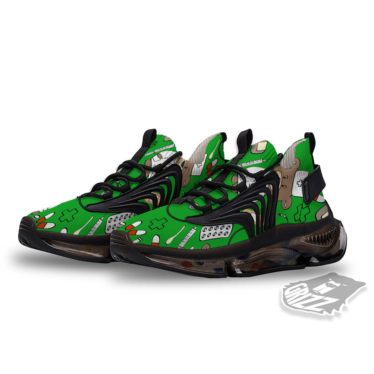 Green Teddy Bear Nurse Black Gym Shoes-grizzshop
