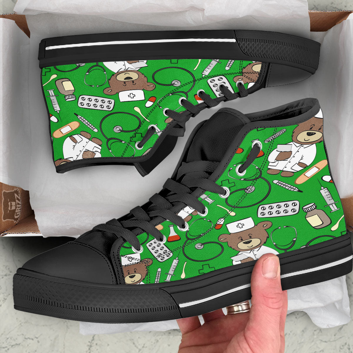 Green Teddy Bear Nurse Black High Top Shoes-grizzshop