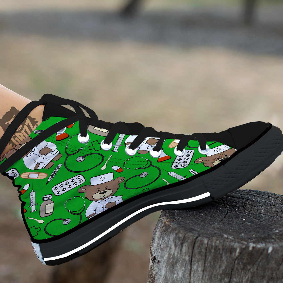 Green Teddy Bear Nurse Black High Top Shoes-grizzshop