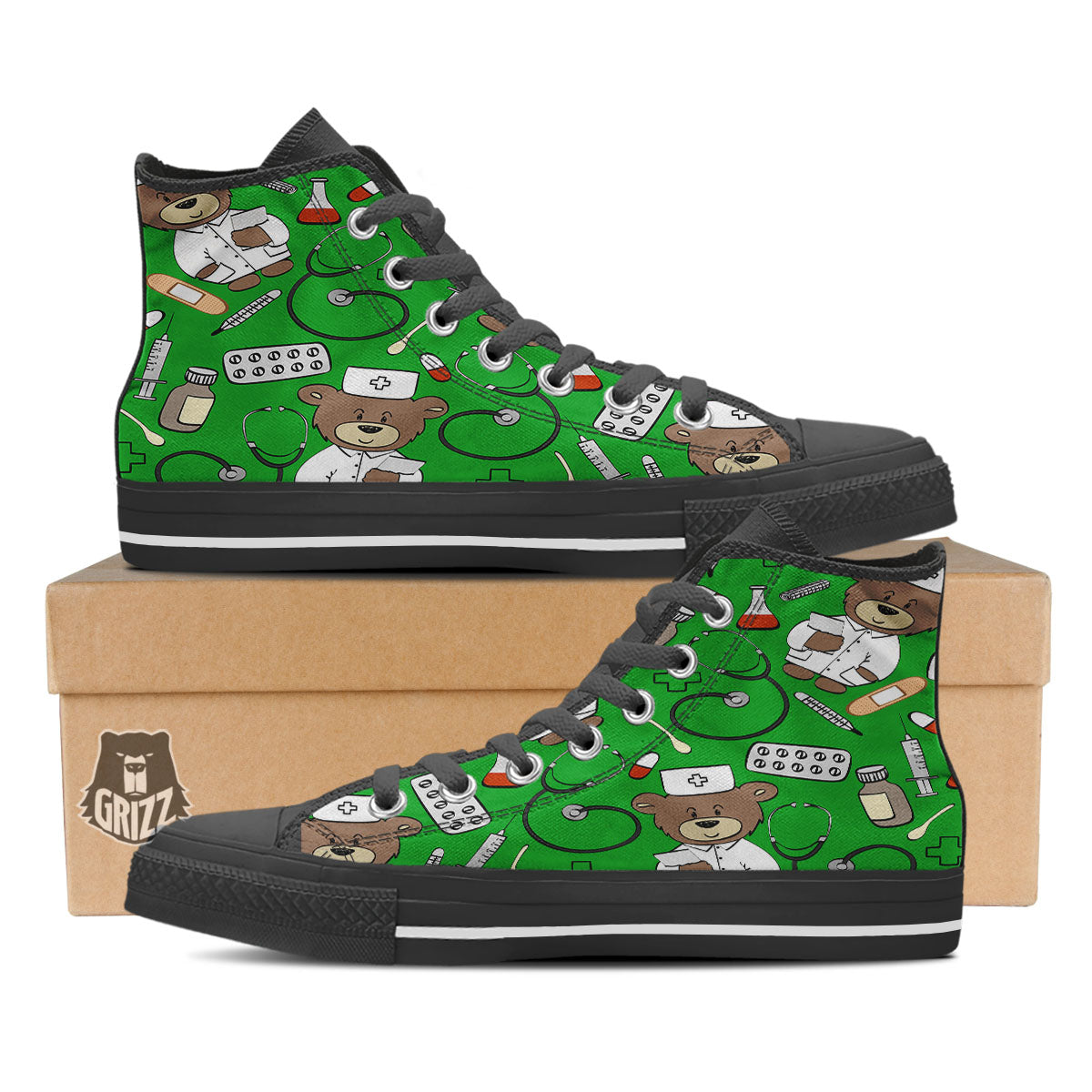 Green Teddy Bear Nurse Black High Top Shoes-grizzshop