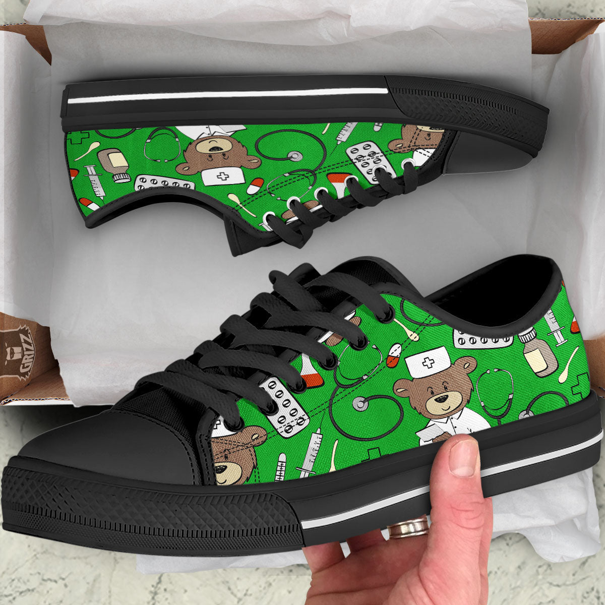Green Teddy Bear Nurse Black Low Top Shoes-grizzshop