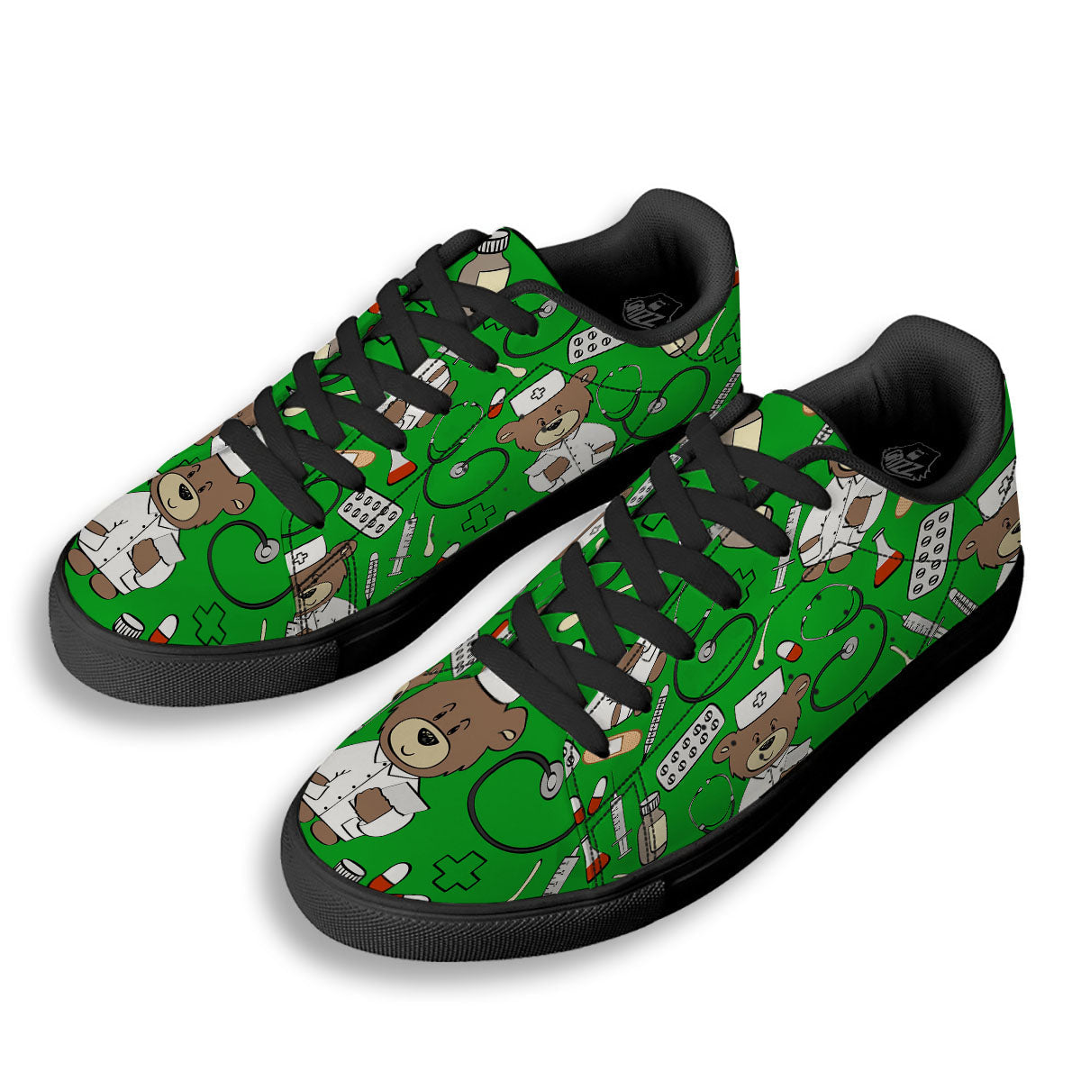 Green Teddy Bear Nurse Black Low Top Sneakers-grizzshop