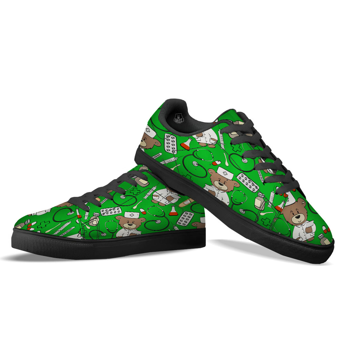 Green Teddy Bear Nurse Black Low Top Sneakers-grizzshop