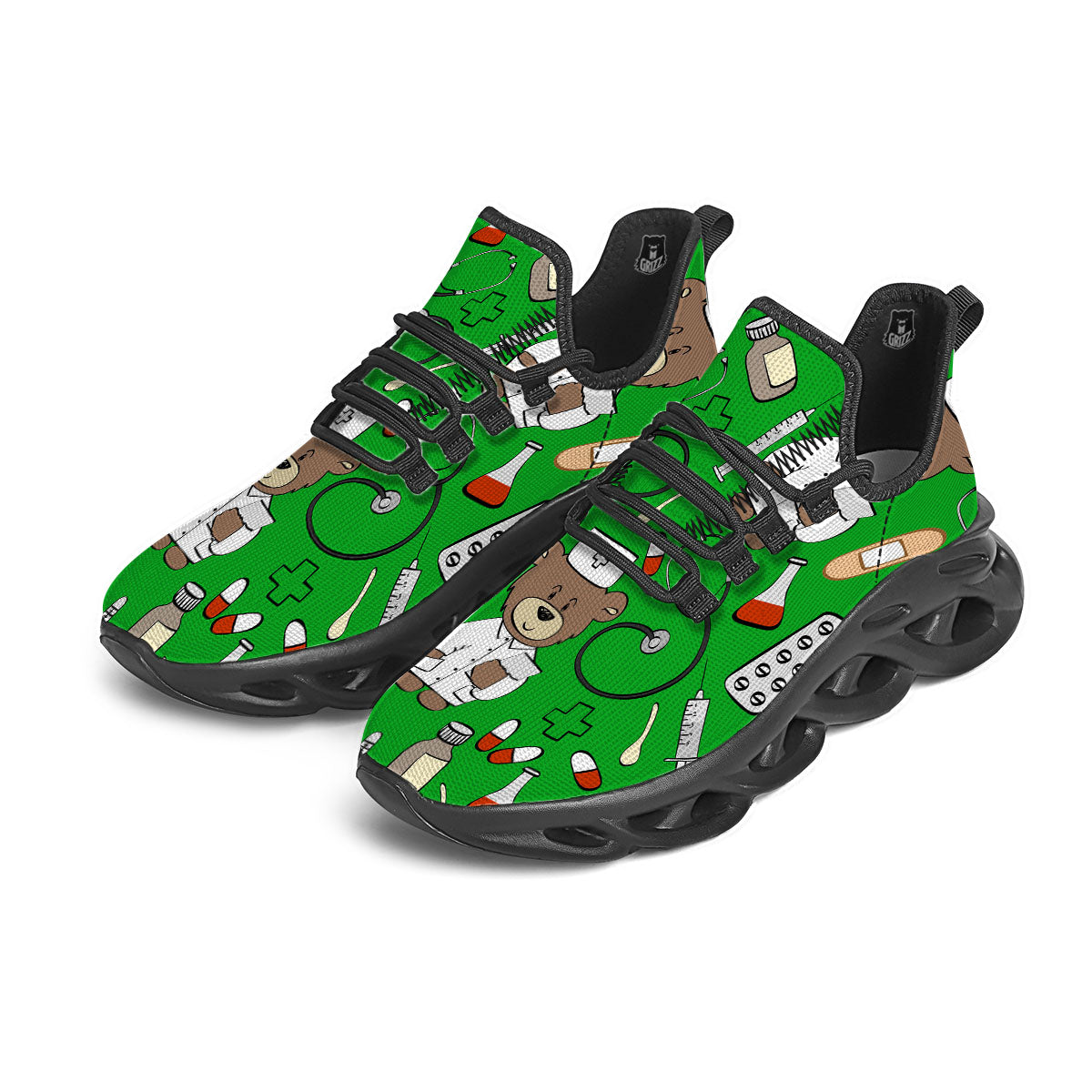 Green Teddy Bear Nurse Black Running Shoes-grizzshop
