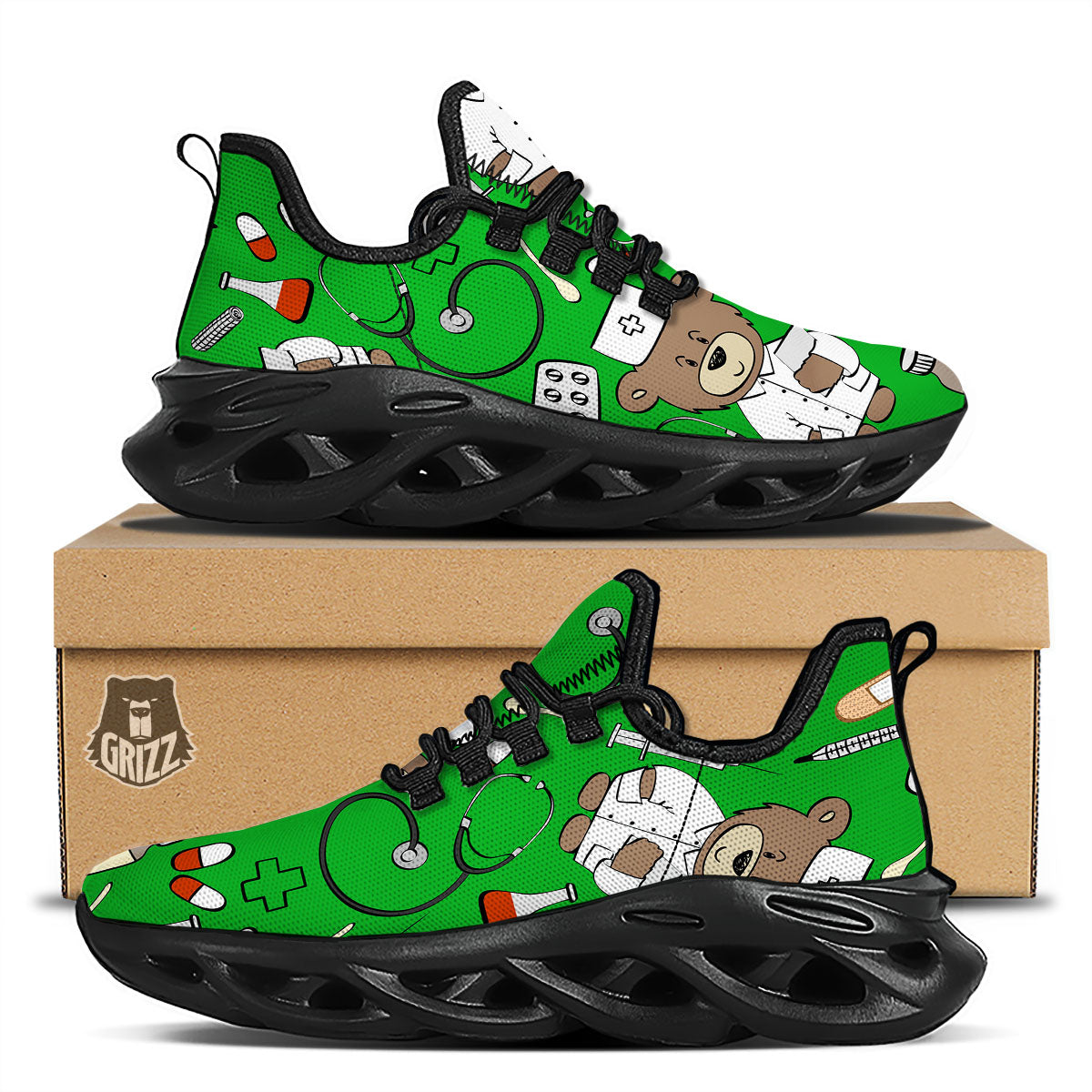 Green Teddy Bear Nurse Black Running Shoes-grizzshop