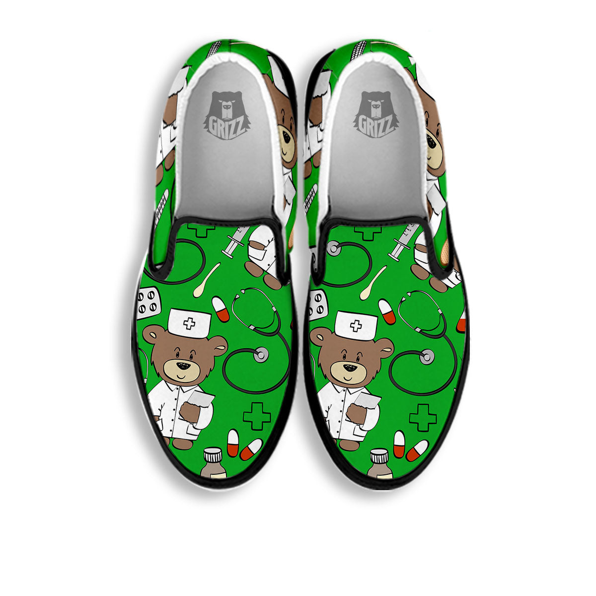 Green Teddy Bear Nurse Black Slip On Shoes-grizzshop