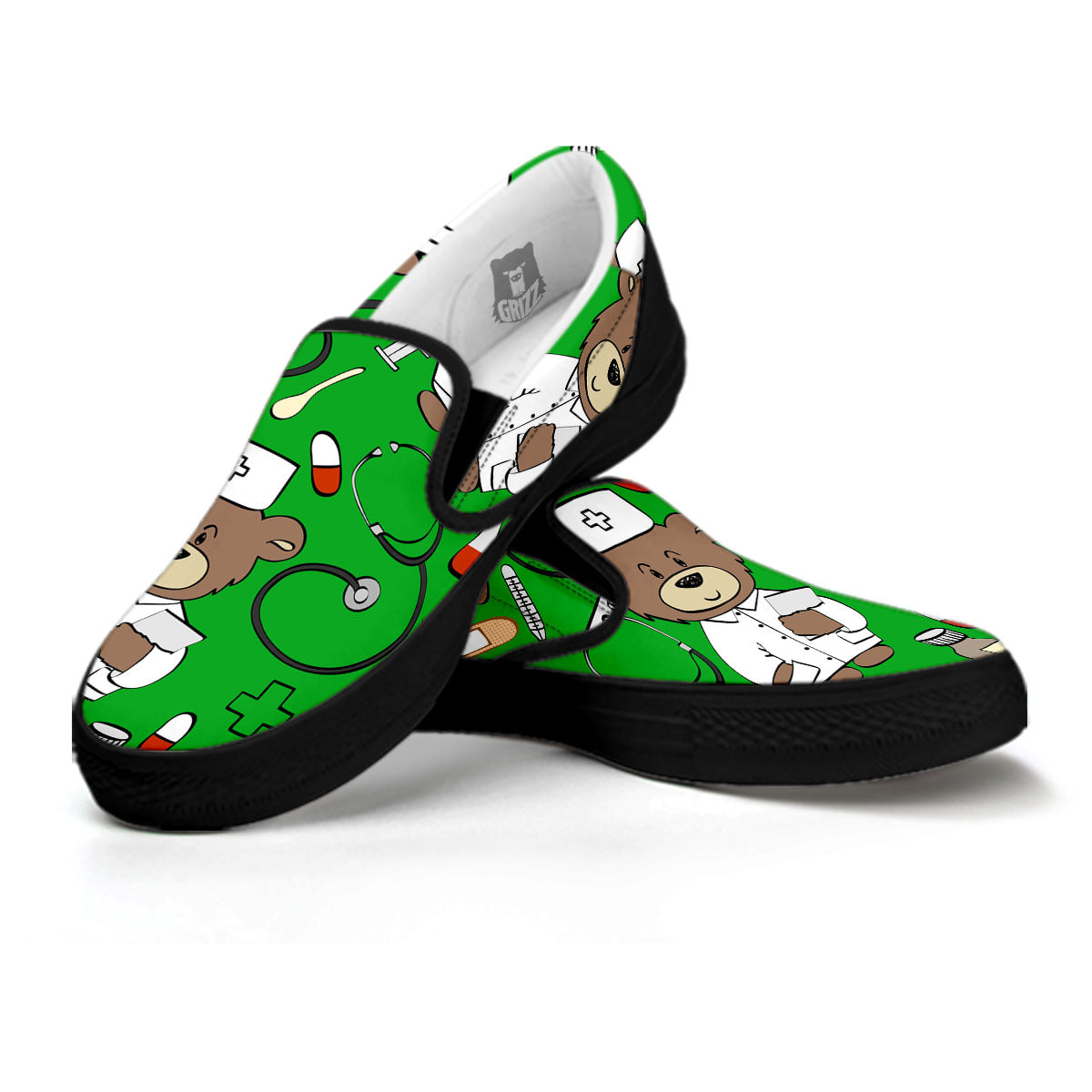 Green Teddy Bear Nurse Black Slip On Shoes-grizzshop