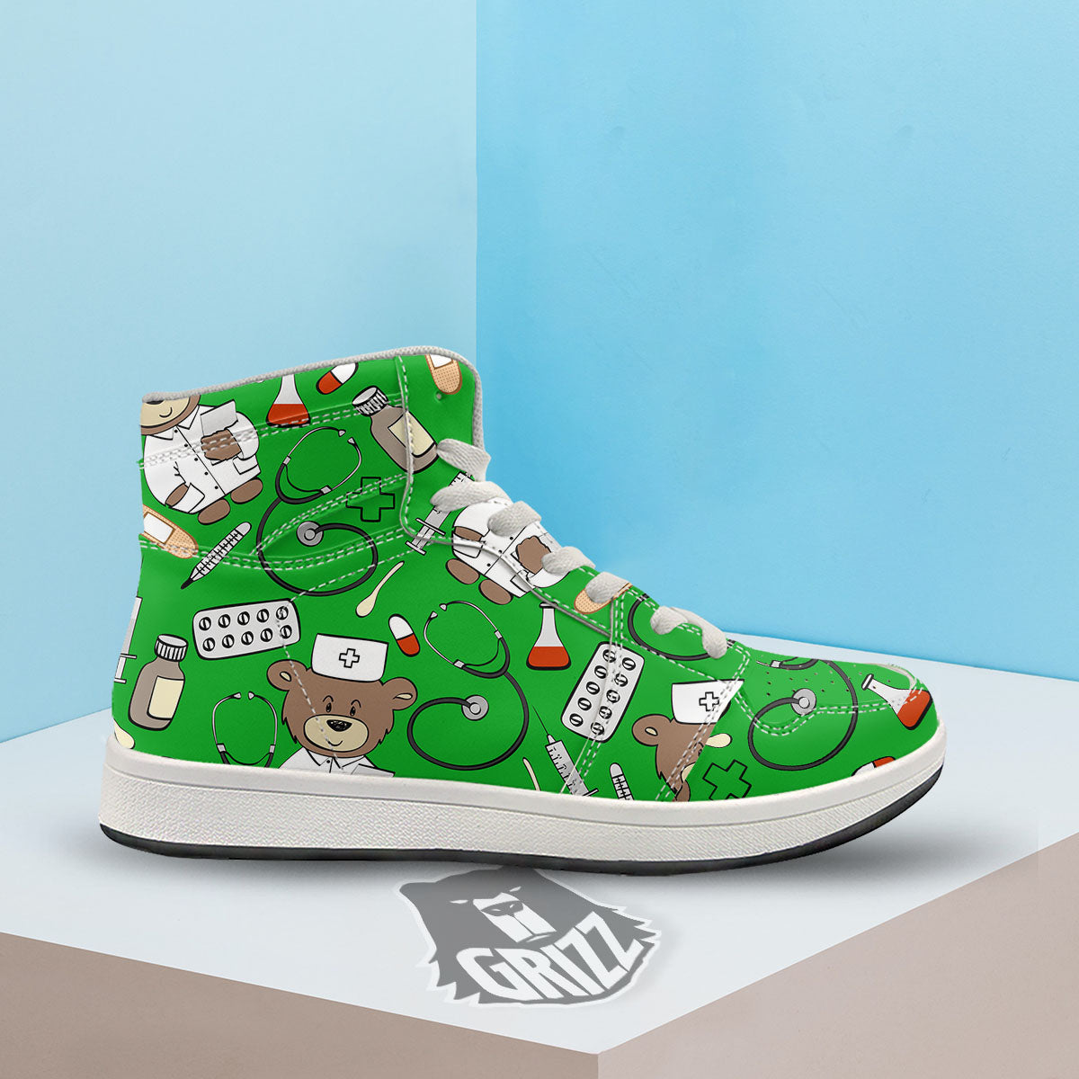 Green Teddy Bear Nurse High Top Sneakers-grizzshop