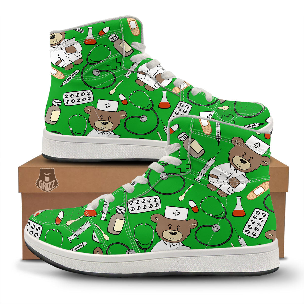 Green Teddy Bear Nurse High Top Sneakers-grizzshop