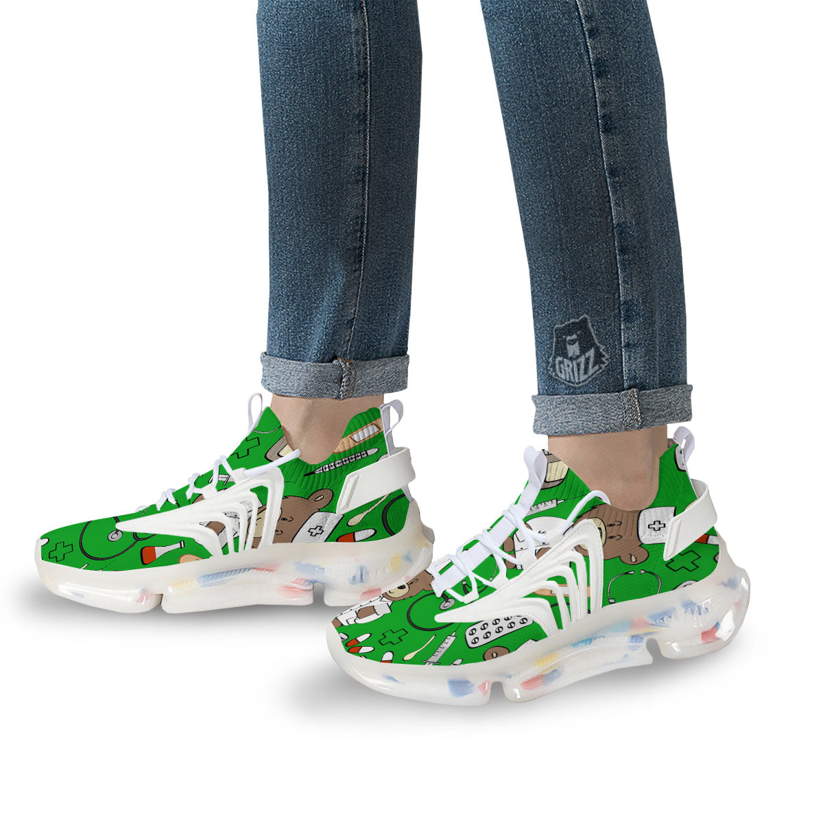 Green Teddy Bear Nurse White Gym Shoes-grizzshop