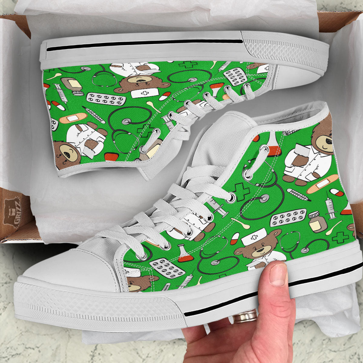 Green Teddy Bear Nurse White High Top Shoes-grizzshop