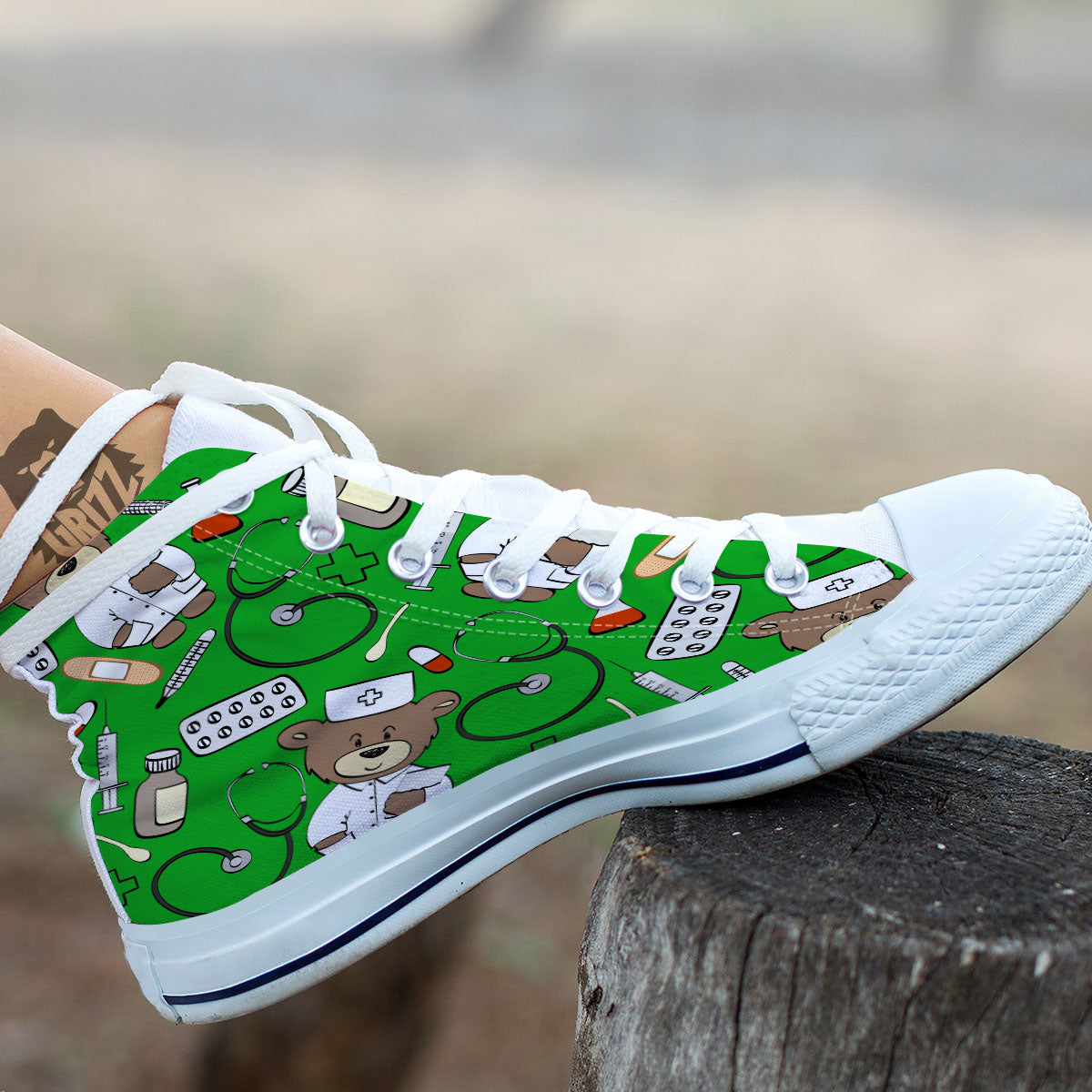 Green Teddy Bear Nurse White High Top Shoes-grizzshop