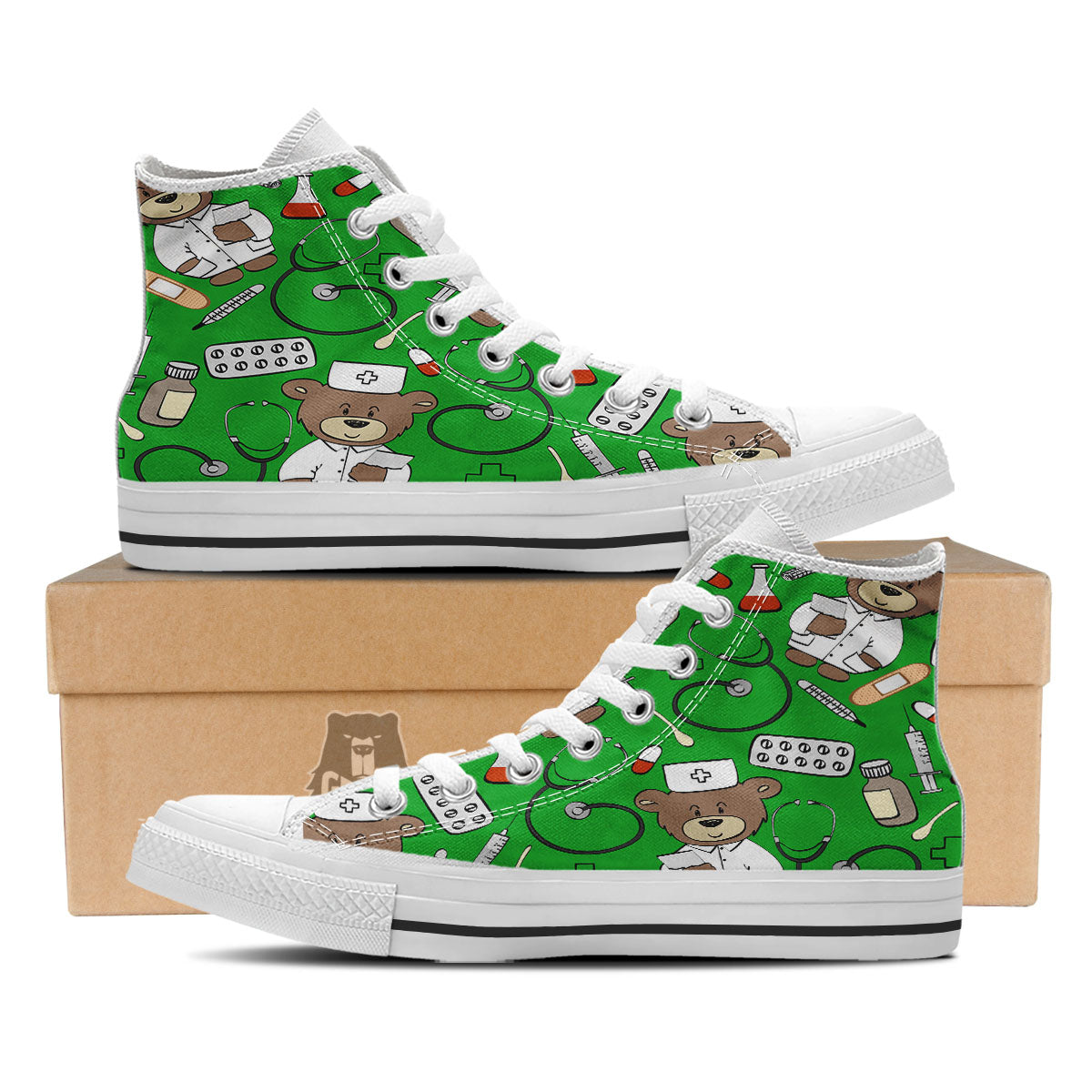 Green Teddy Bear Nurse White High Top Shoes-grizzshop
