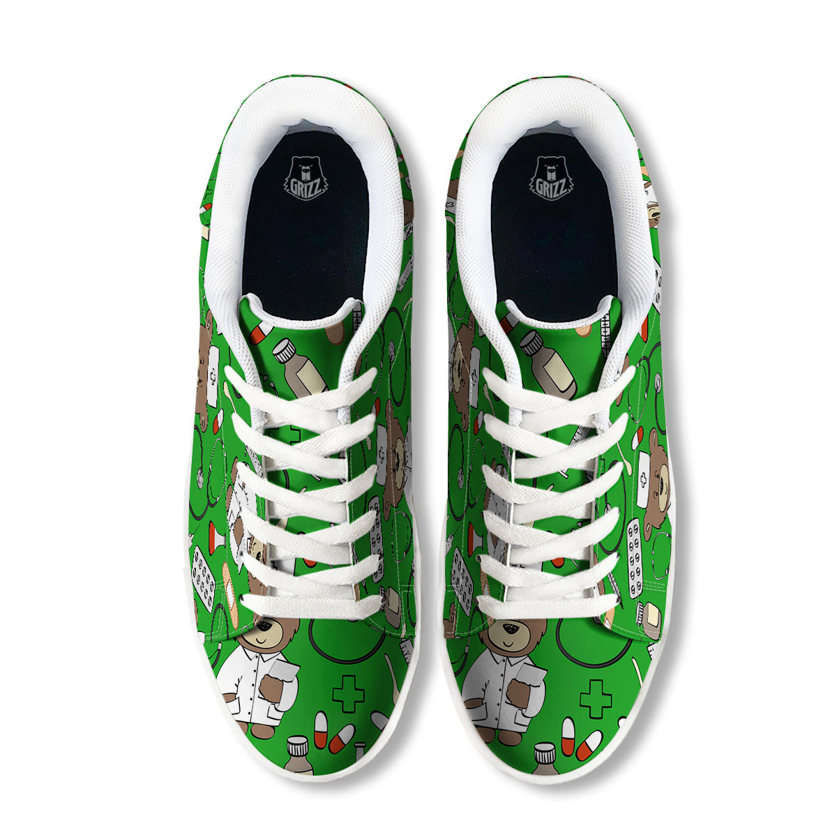 Green Teddy Bear Nurse White Low Top Sneakers-grizzshop