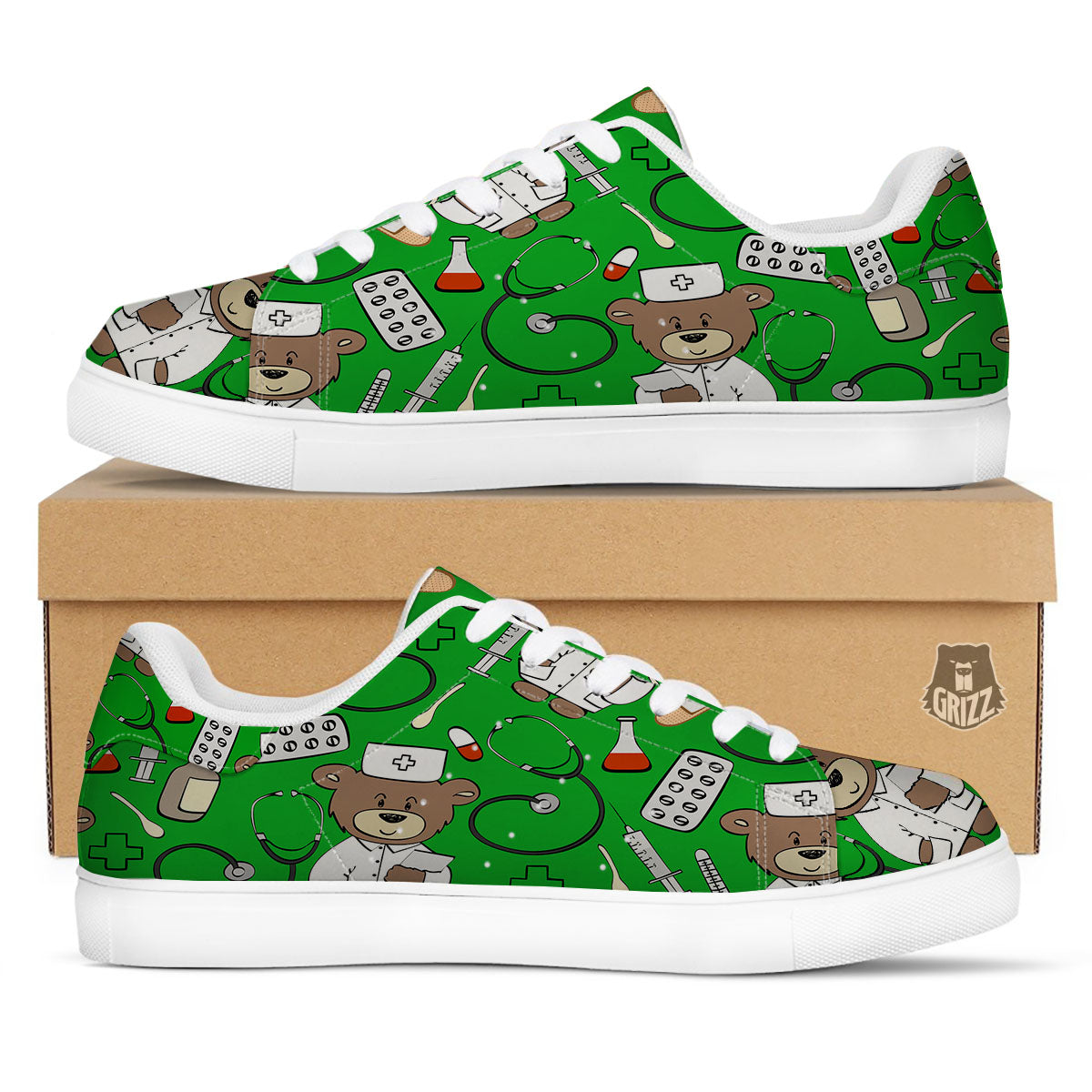Green Teddy Bear Nurse White Low Top Sneakers-grizzshop