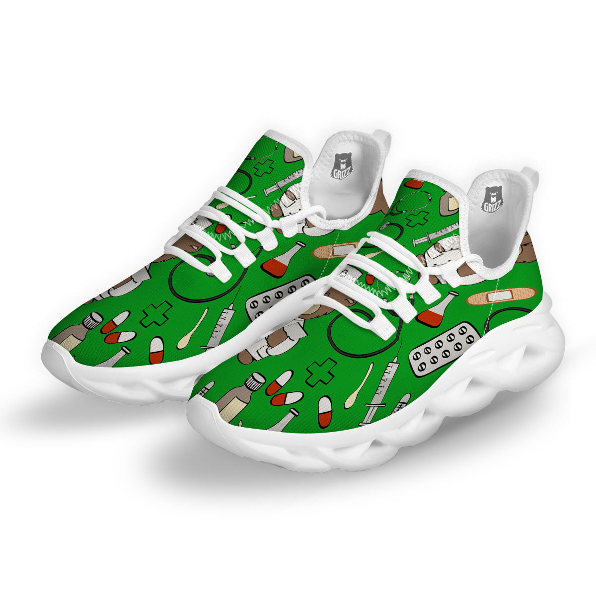 Green Teddy Bear Nurse White Running Shoes-grizzshop