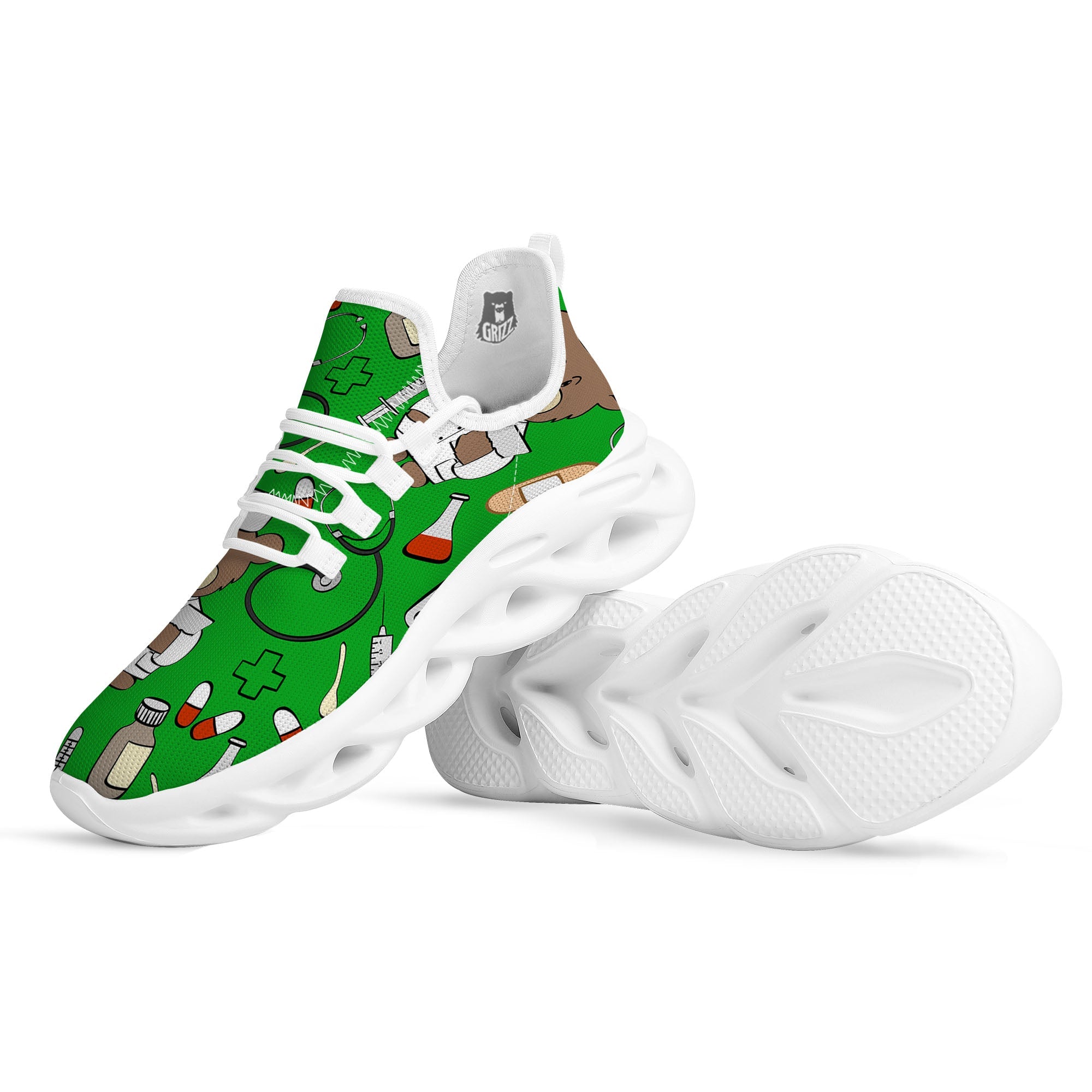 Green Teddy Bear Nurse White Running Shoes-grizzshop