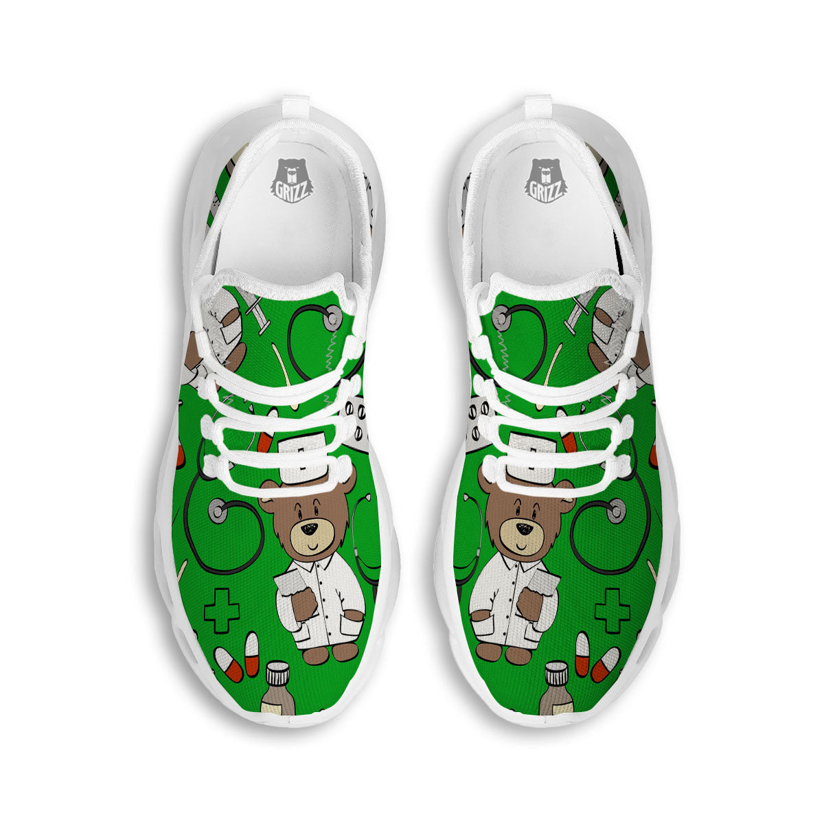 Green Teddy Bear Nurse White Running Shoes-grizzshop