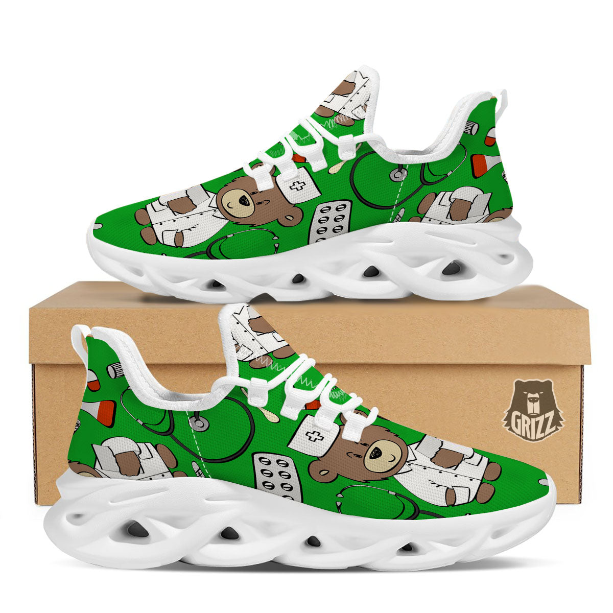 Green Teddy Bear Nurse White Running Shoes-grizzshop