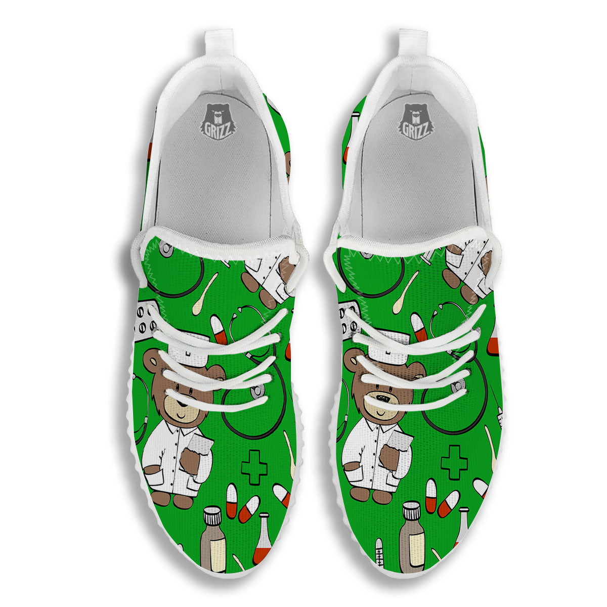 Green Teddy Bear Nurse White Walking Shoes-grizzshop