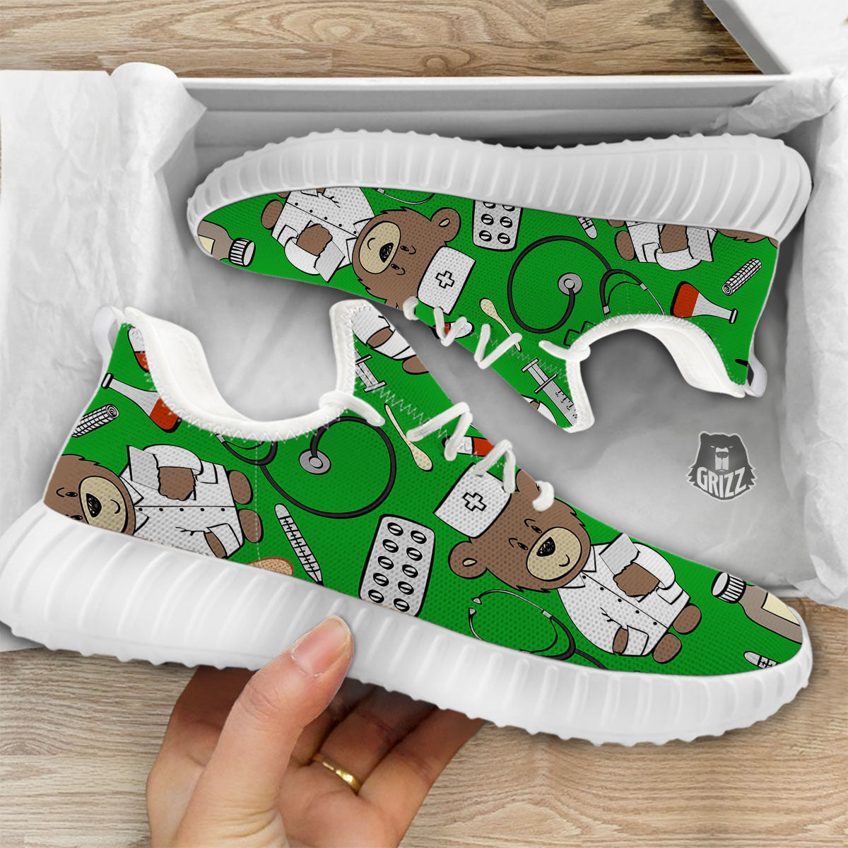 Green Teddy Bear Nurse White Walking Shoes-grizzshop