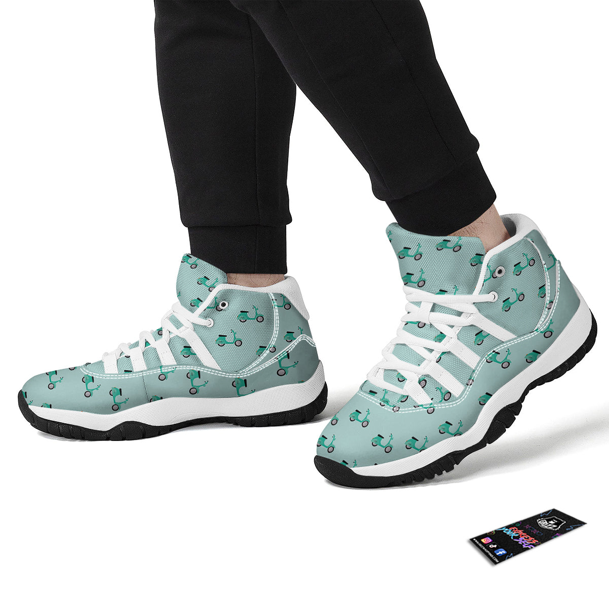 Green Vintage Scooter Print Pattern White Bball Shoes-grizzshop