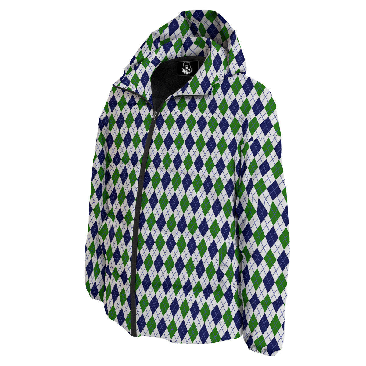 Green White And Navy Argyle Print Pattern Down Jacket-grizzshop