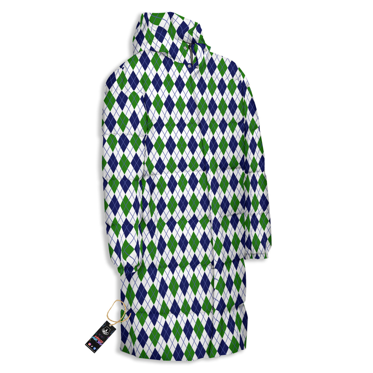 Green White And Navy Argyle Print Pattern Long Down Jacket-grizzshop