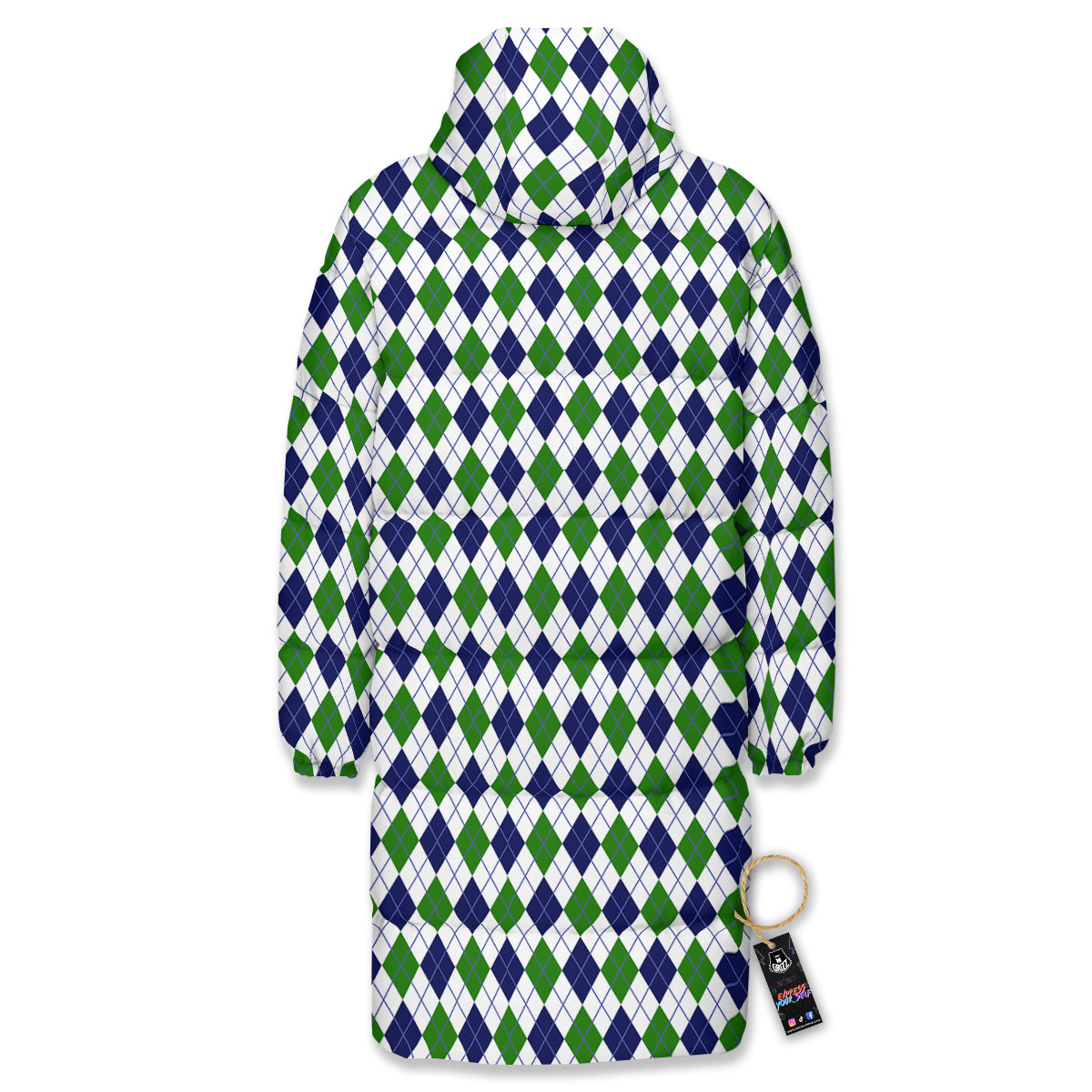 Green White And Navy Argyle Print Pattern Long Down Jacket-grizzshop