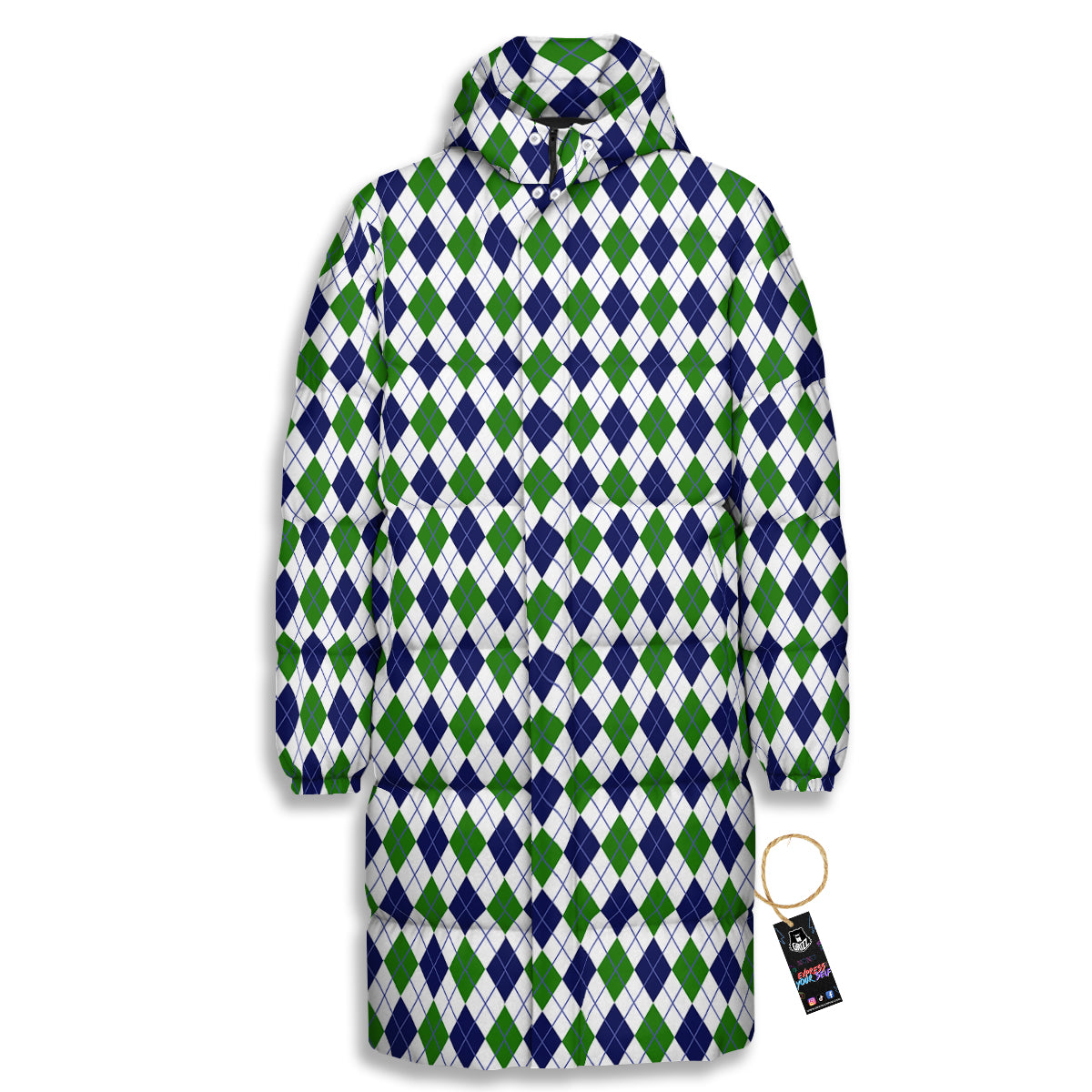 Green White And Navy Argyle Print Pattern Long Down Jacket-grizzshop