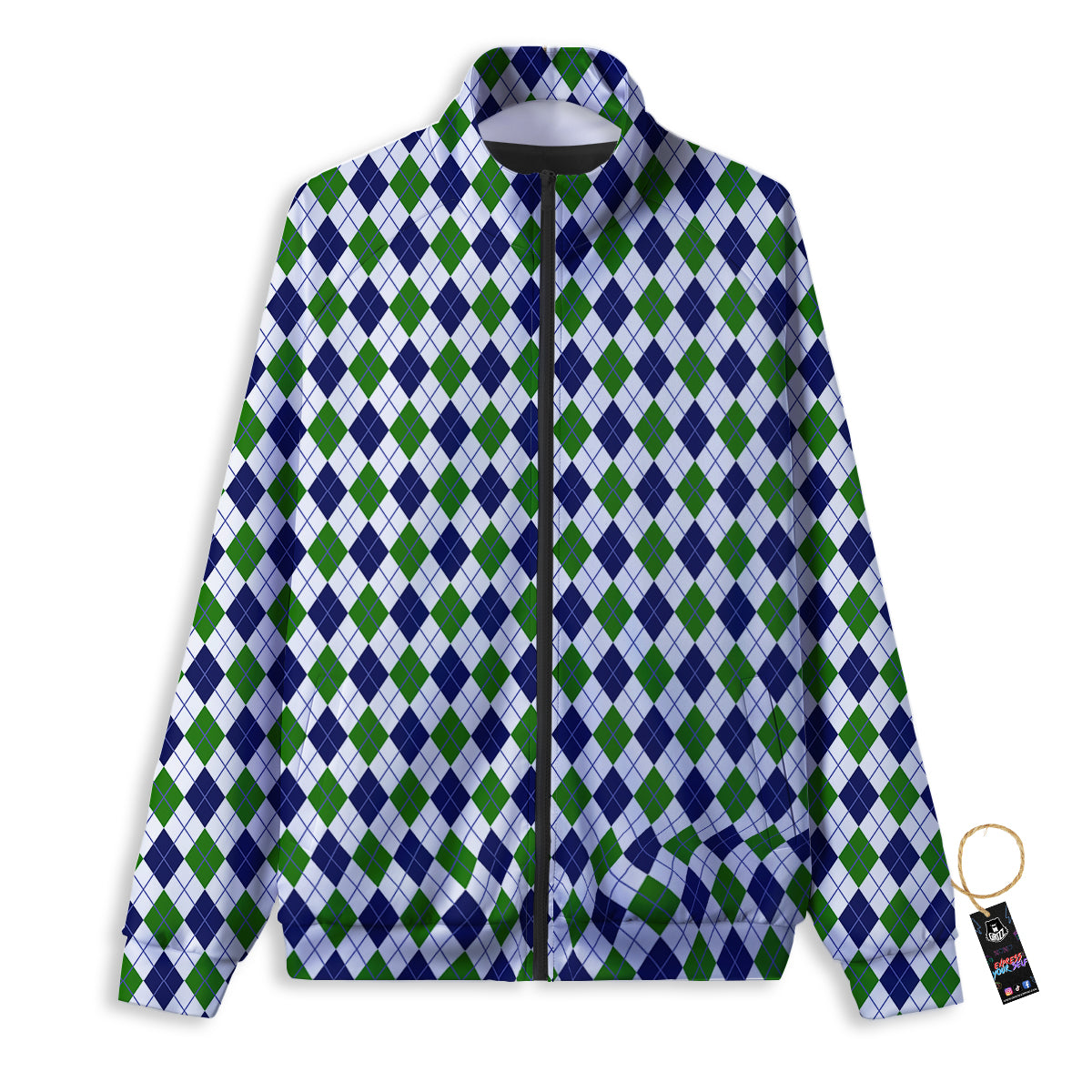 Green White And Navy Argyle Print Pattern Track Jacket-grizzshop