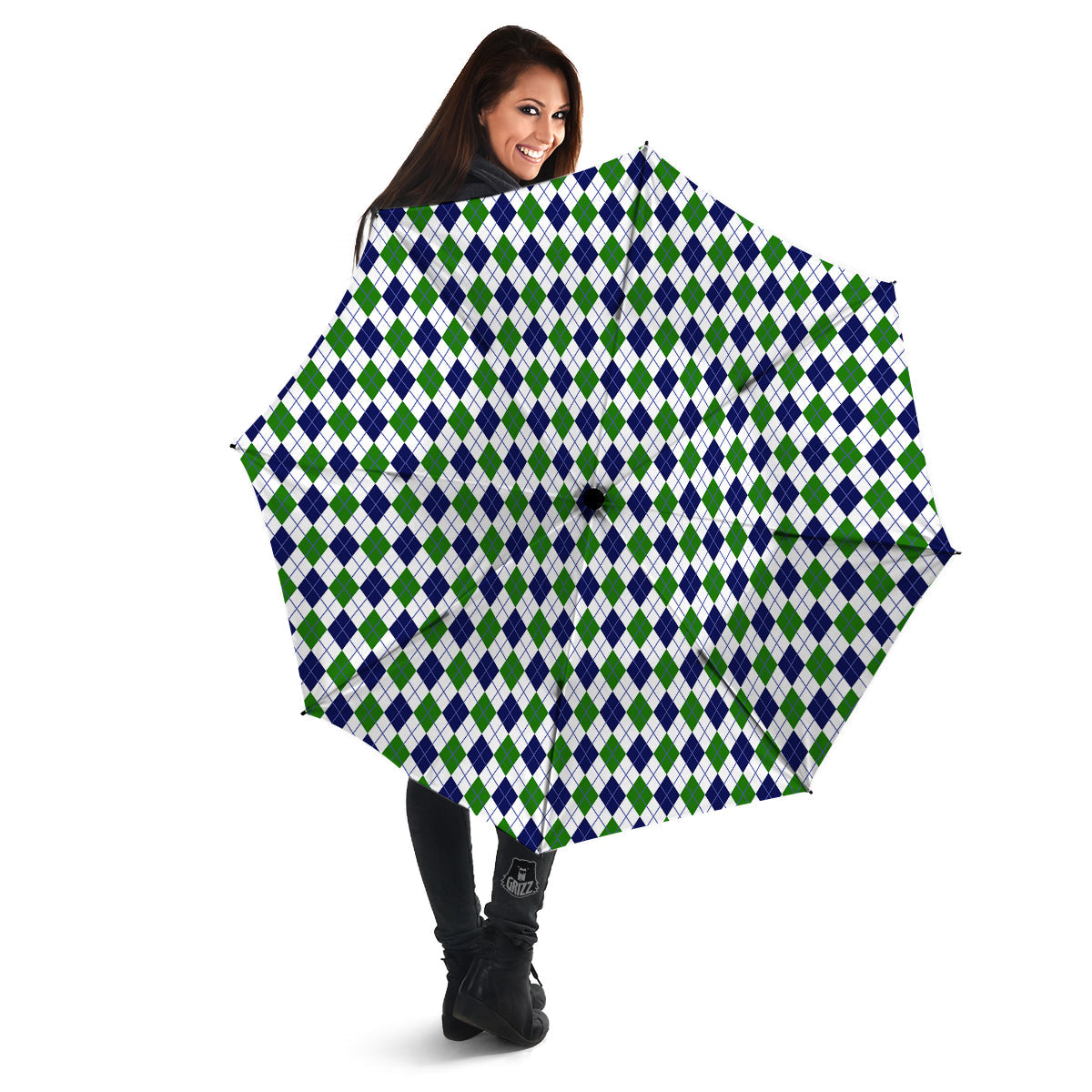 Green White And Navy Argyle Print Pattern Umbrella-grizzshop