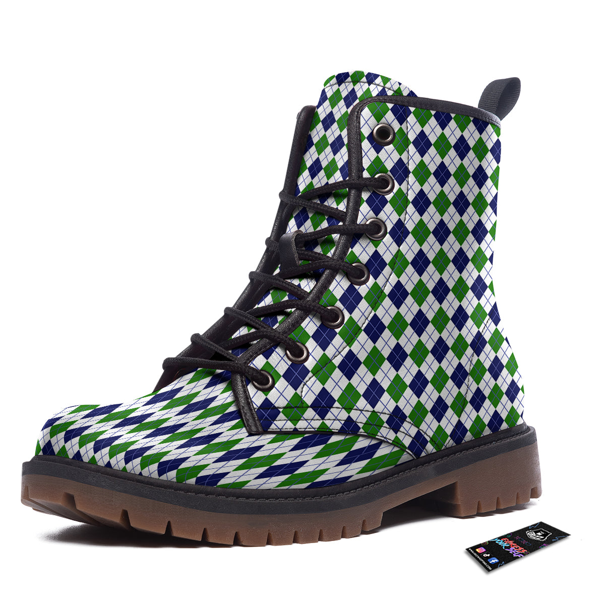 Green White And Navy Argyle Print Pattern Work Boots-grizzshop