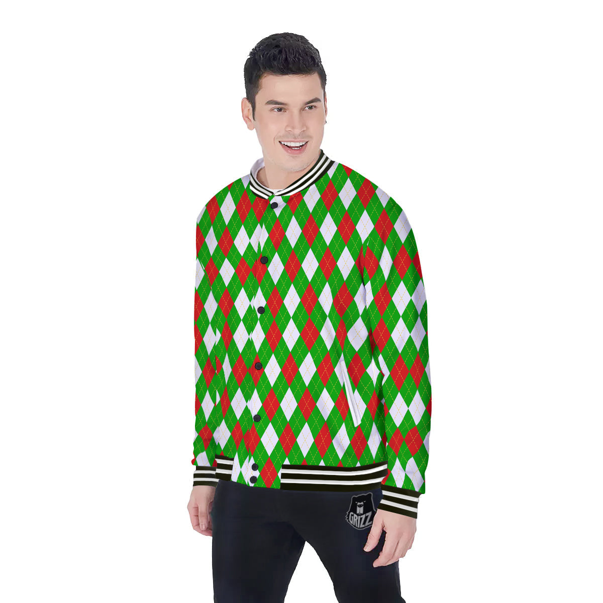 Green White And Red Argyle Print Pattern Baseball Jacket-grizzshop