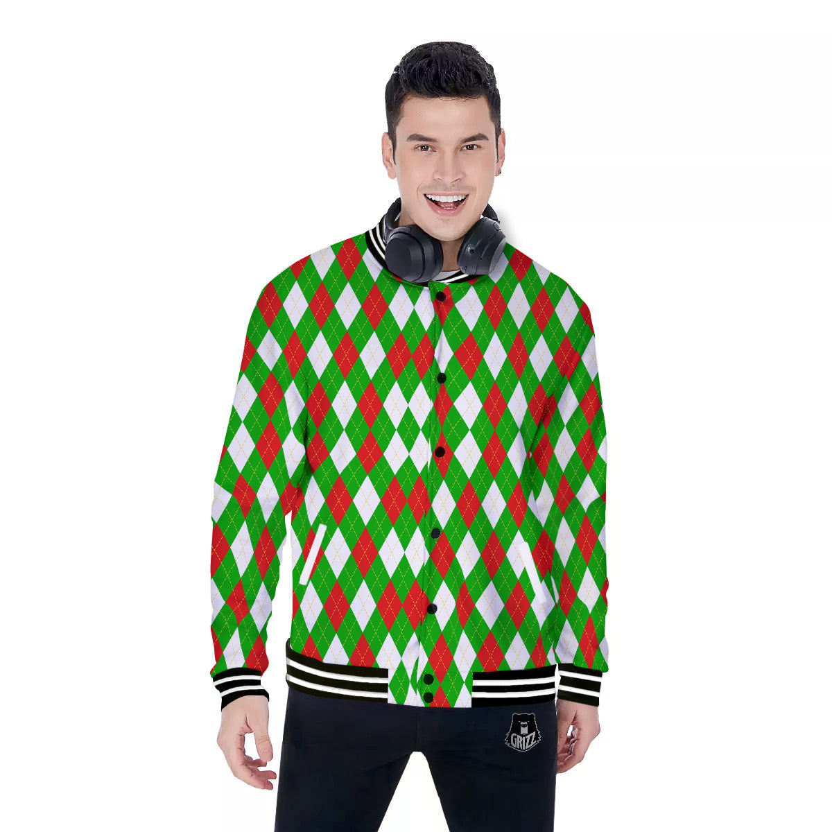 Green White And Red Argyle Print Pattern Baseball Jacket-grizzshop