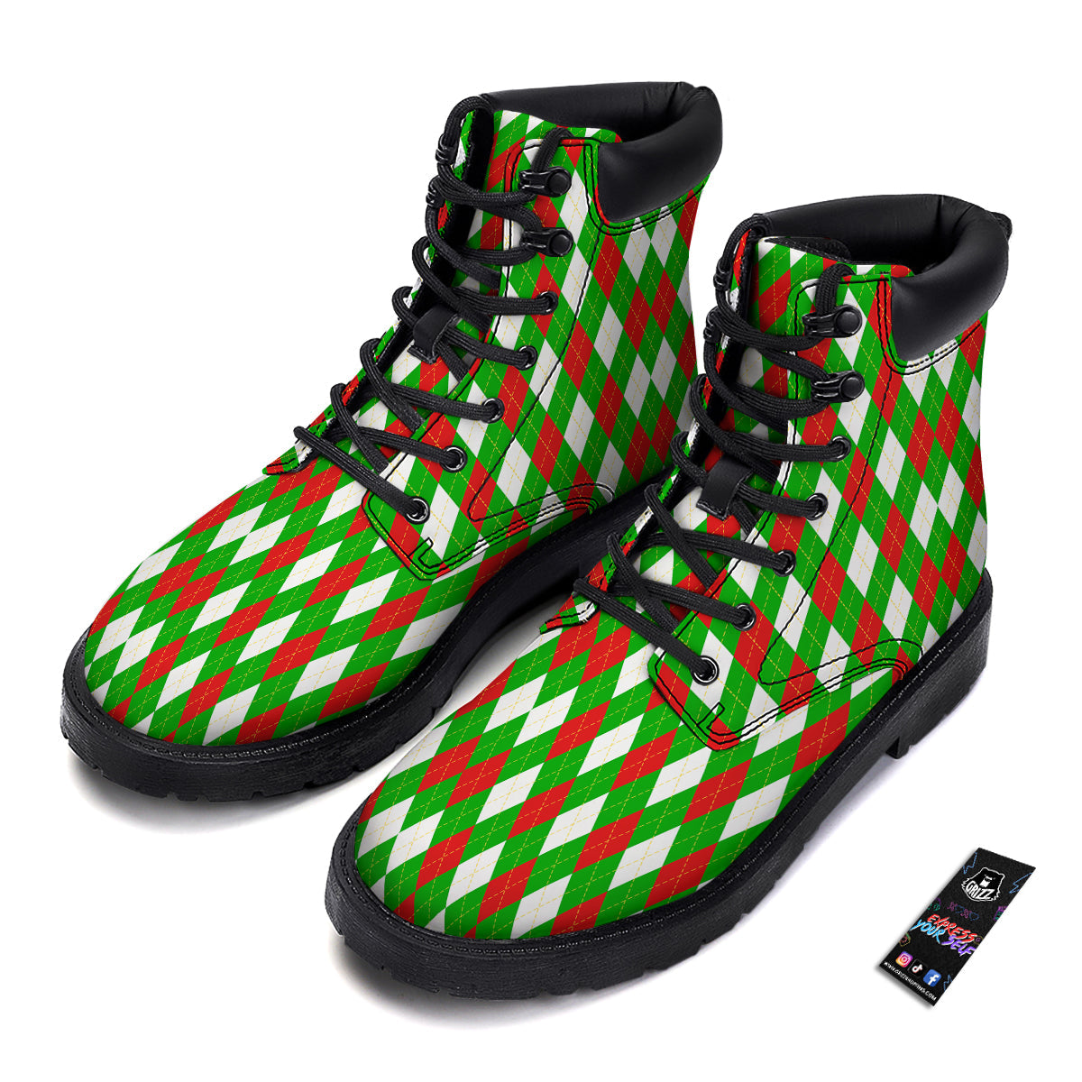 Green White And Red Argyle Print Pattern Boots-grizzshop