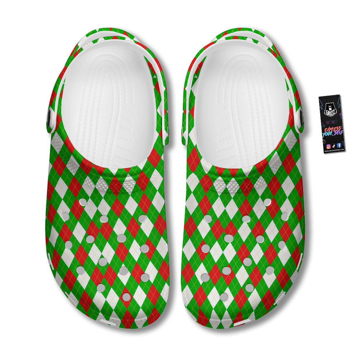 Green White And Red Argyle Print Pattern Clog-grizzshop