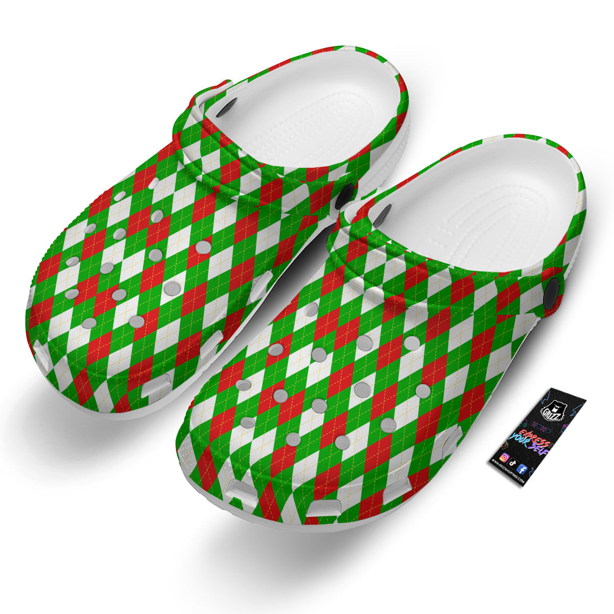 Green White And Red Argyle Print Pattern Clog-grizzshop