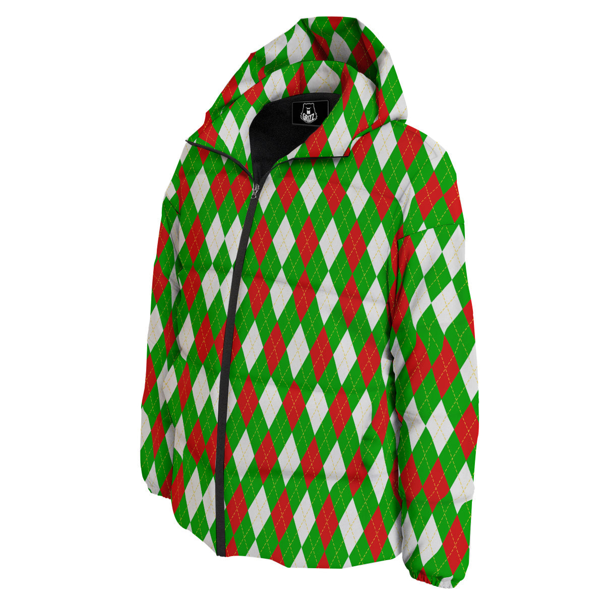 Green White And Red Argyle Print Pattern Down Jacket-grizzshop