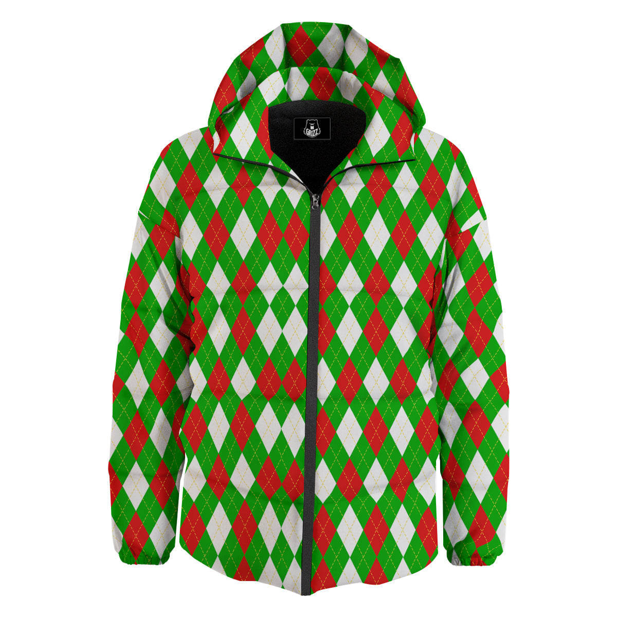 Green White And Red Argyle Print Pattern Down Jacket-grizzshop