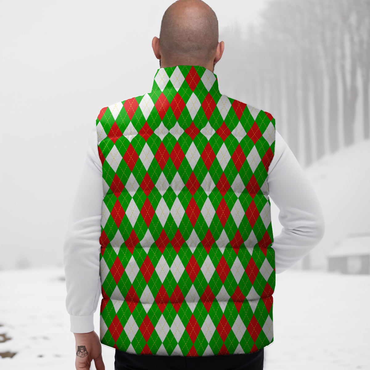 Green White And Red Argyle Print Pattern Down Vest-grizzshop