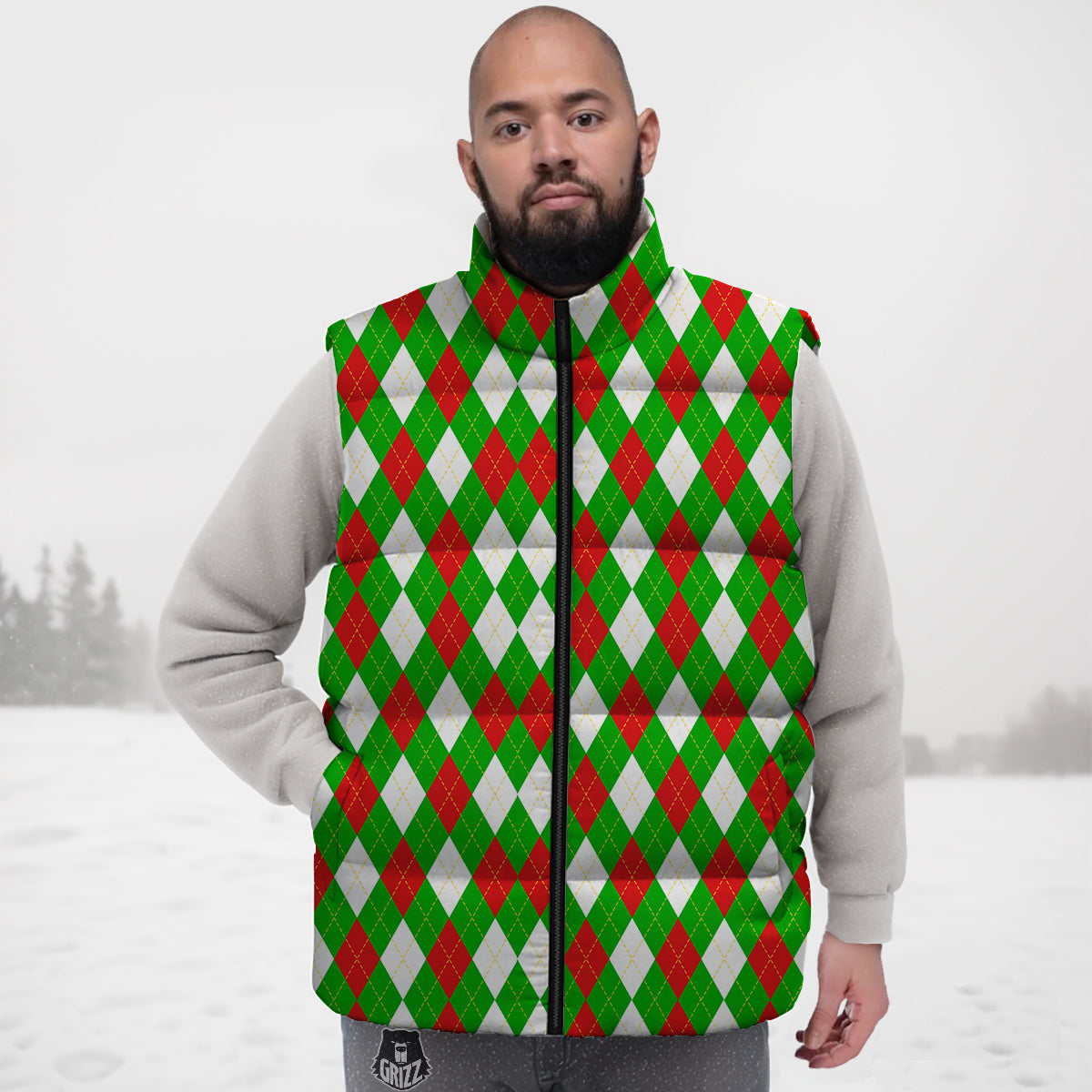 Green White And Red Argyle Print Pattern Down Vest-grizzshop