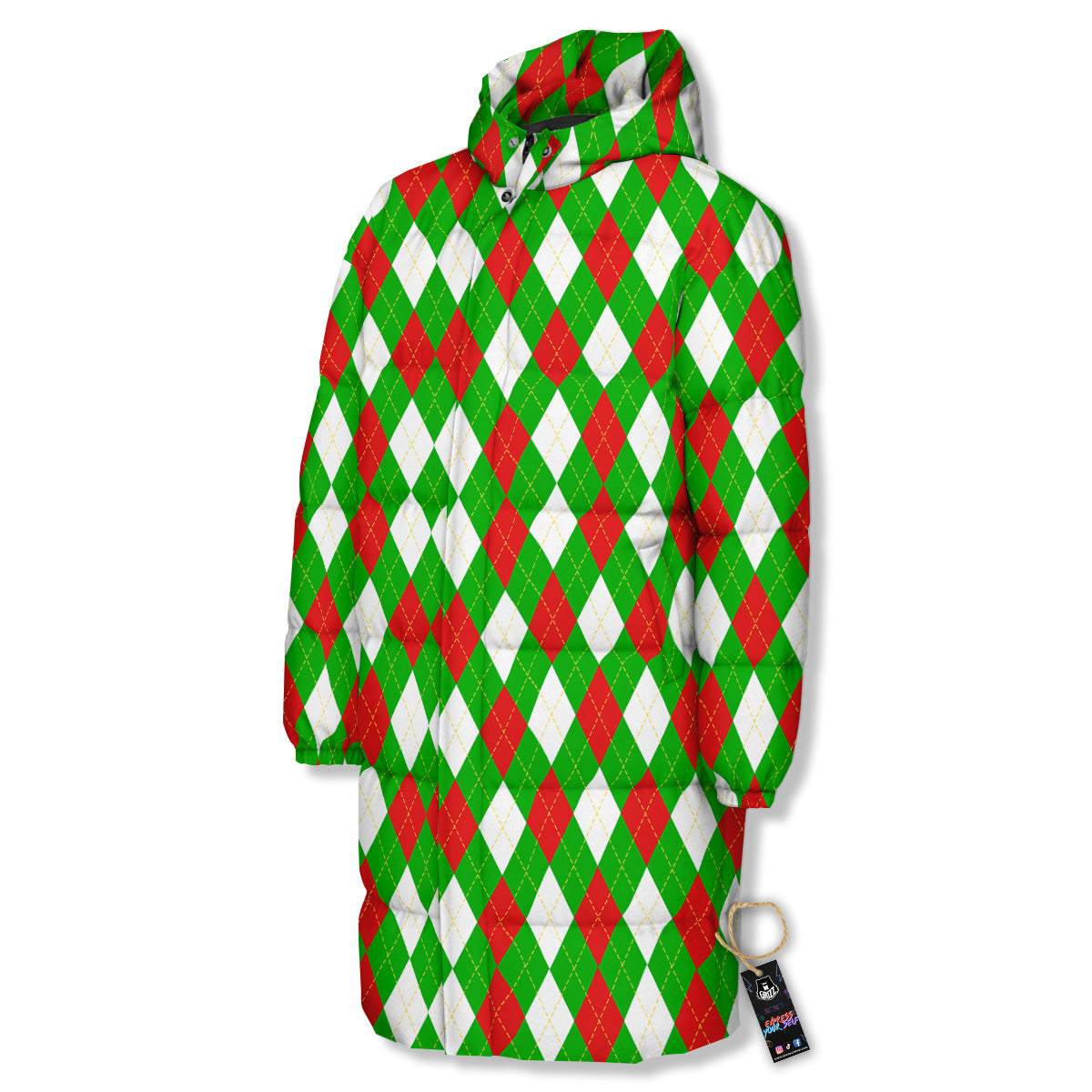 Green White And Red Argyle Print Pattern Long Down Jacket-grizzshop