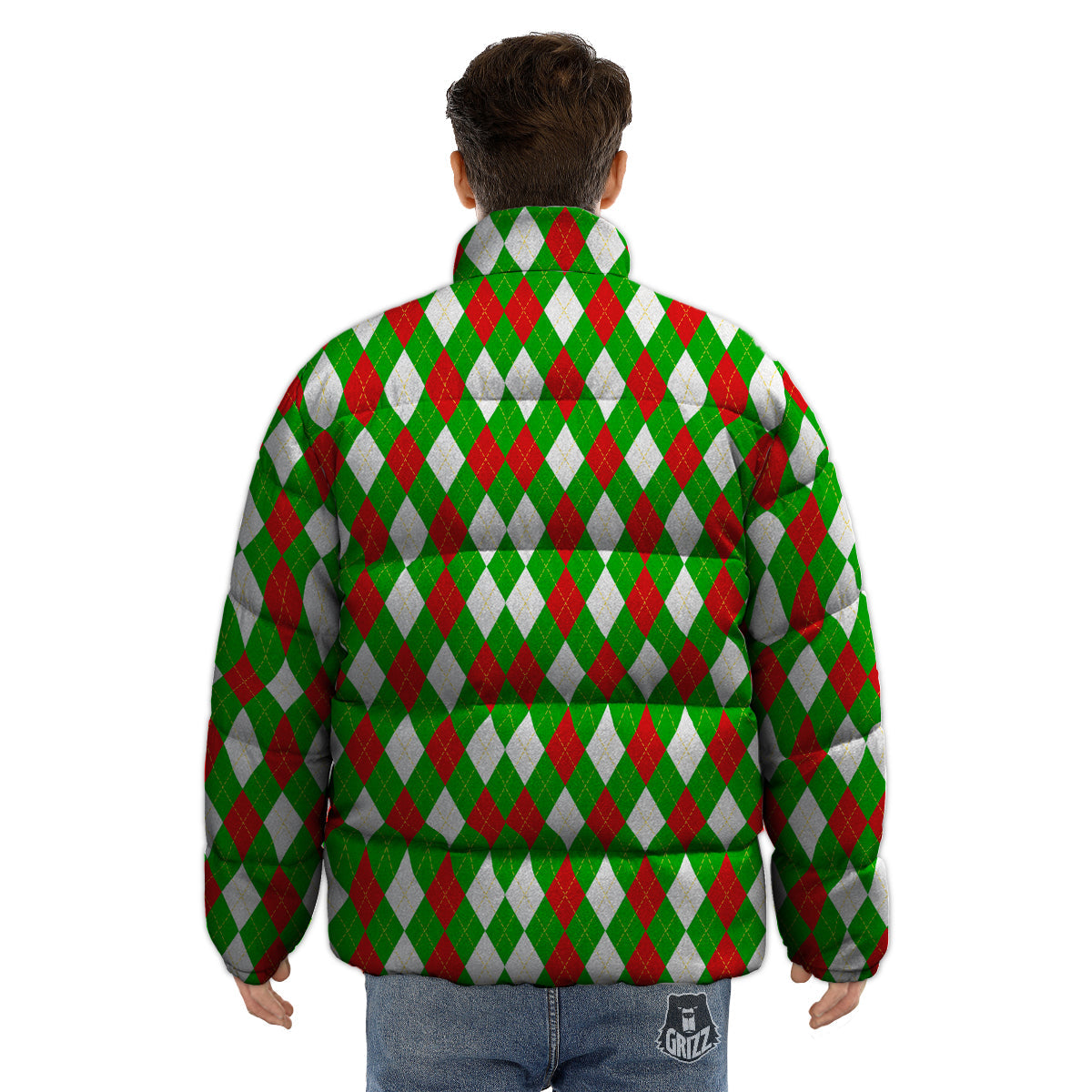 Green White And Red Argyle Print Pattern Puffer Jacket-grizzshop