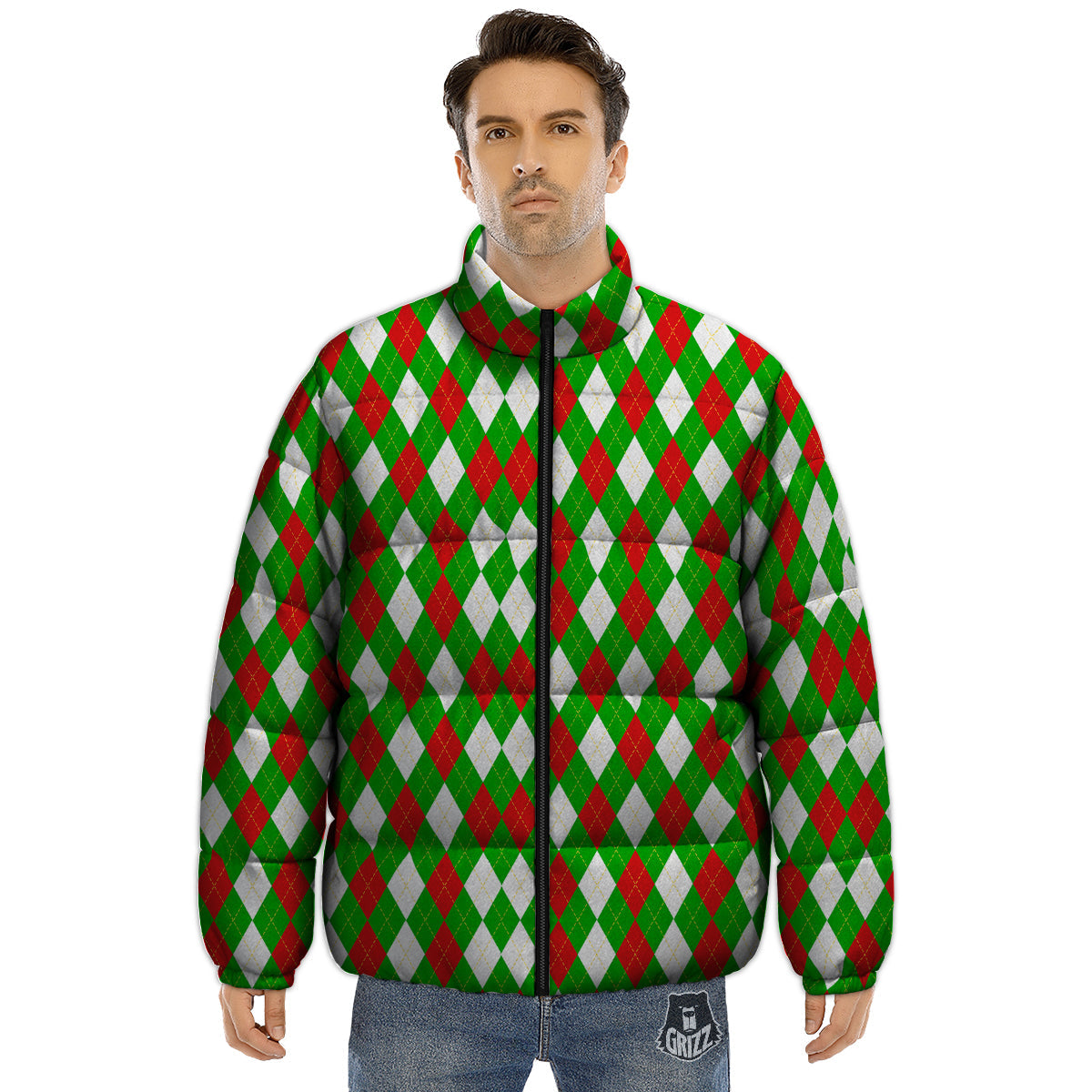 Green White And Red Argyle Print Pattern Puffer Jacket-grizzshop