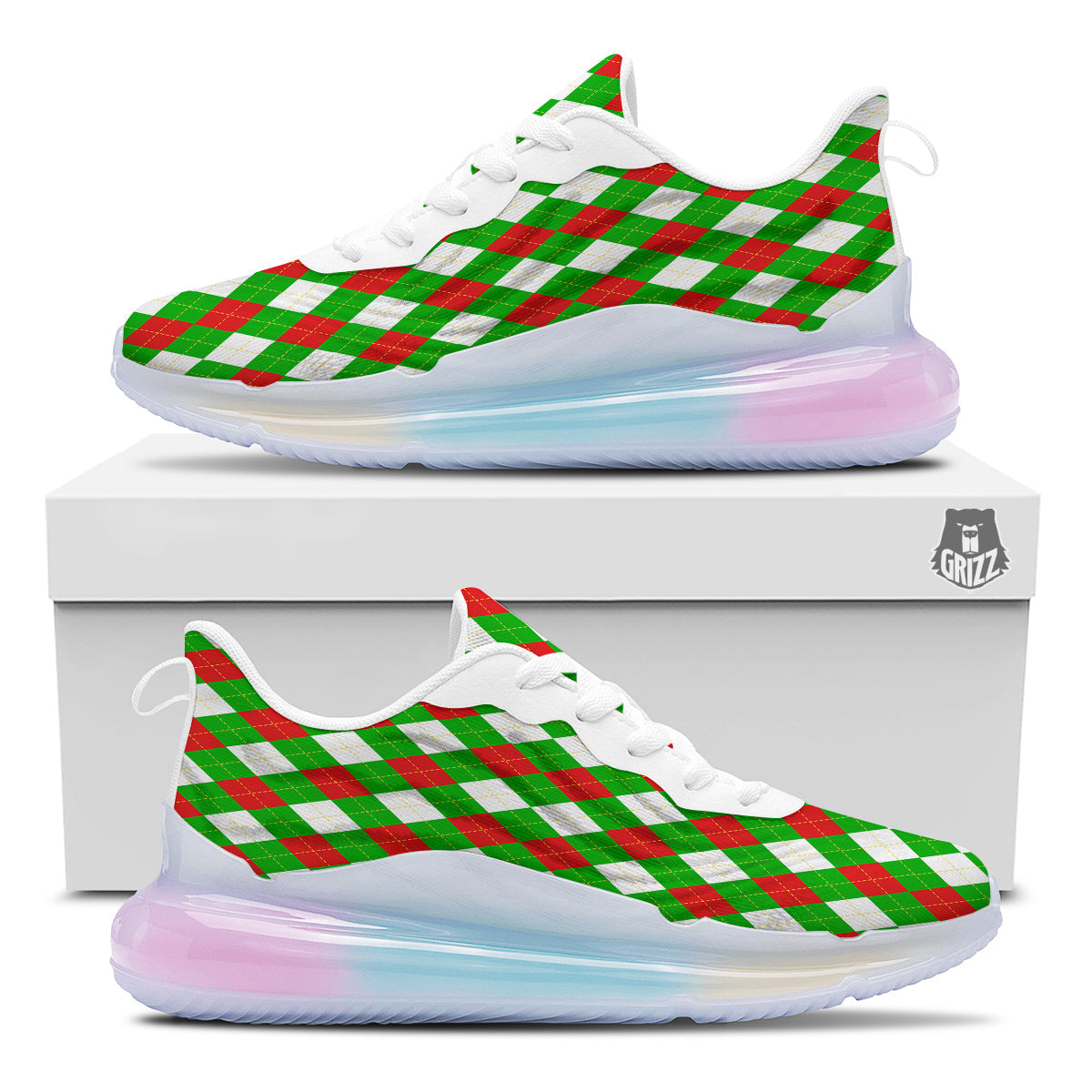 Green White And Red Argyle Print Pattern Running Sneakers-grizzshop