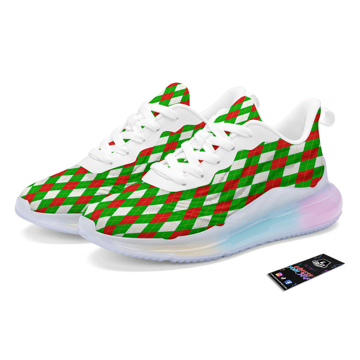 Green White And Red Argyle Print Pattern Running Sneakers-grizzshop
