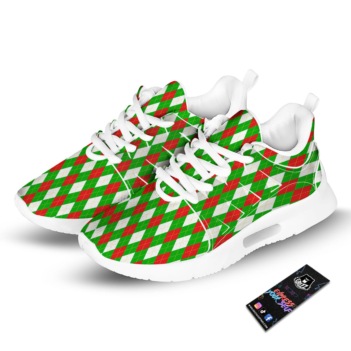 Green White And Red Argyle Print Pattern Tennis Shoes-grizzshop