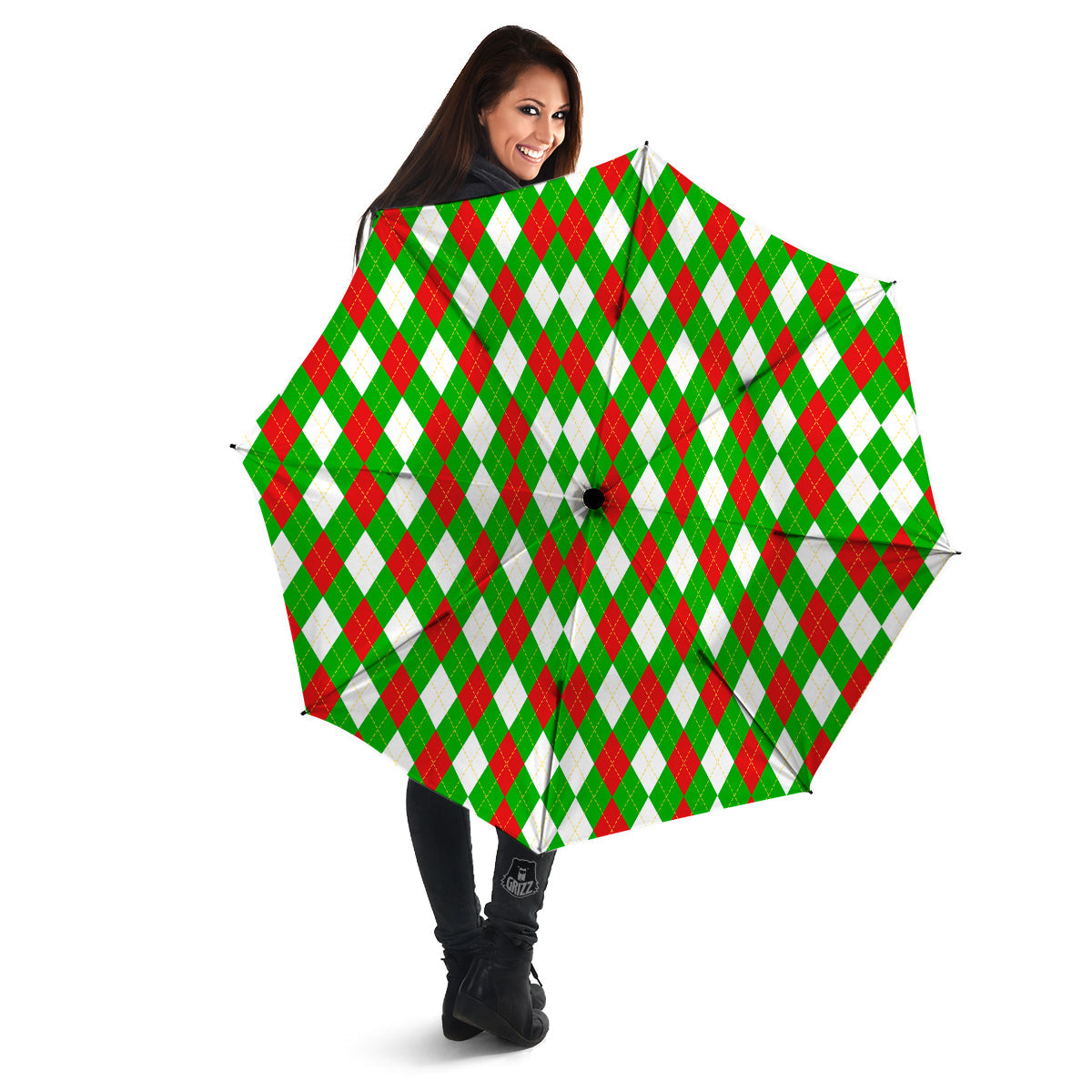 Green White And Red Argyle Print Pattern Umbrella-grizzshop