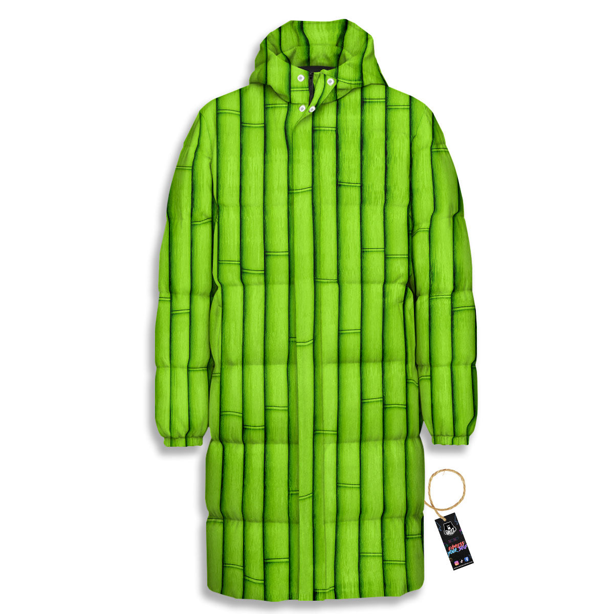 Green Bamboo Print Long Down Jacket
